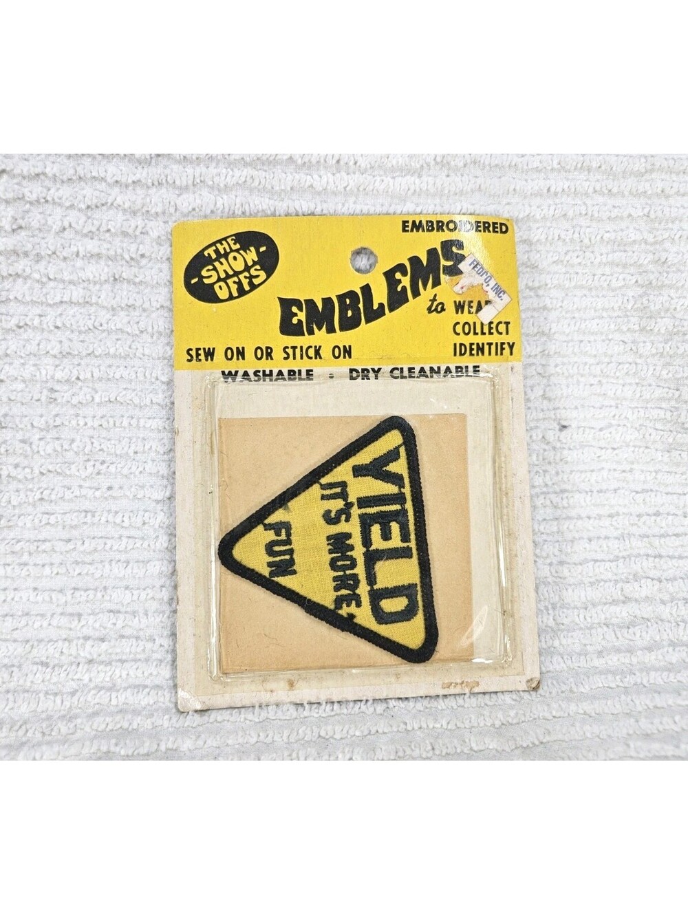 VIntage 1960s Novelty Patch Embroidered Yield Traffic Sign Original Package